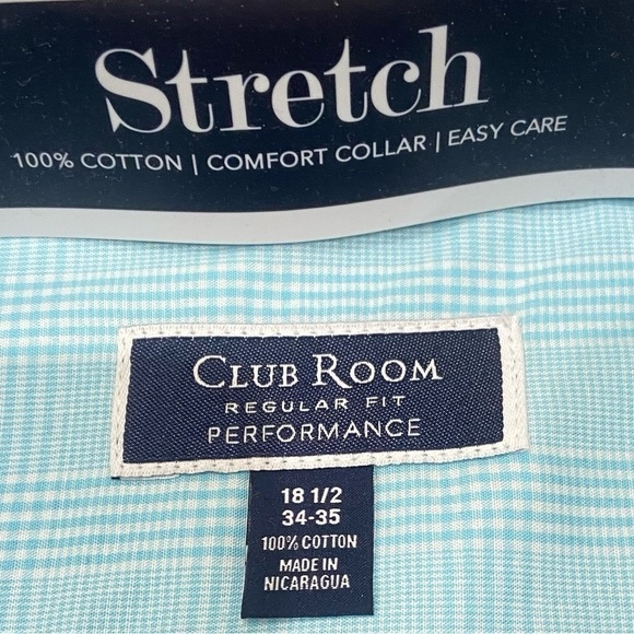 NWT Men’s Club Room Performance aqua check 100% cotton button down shirt 18.5 - Picture 3 of 5